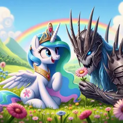 Size: 1024x1024 | Tagged: safe, ai content, anonymous prompter, derpibooru import, machine learning generated, princess celestia, armor, cloud, crossover, flower, generator:bing image creator, generator:dall-e 3, image, jpeg, lord of the rings, mountain, rainbow, sauron, sniffing, wrong cutie mark, wrong eye color
