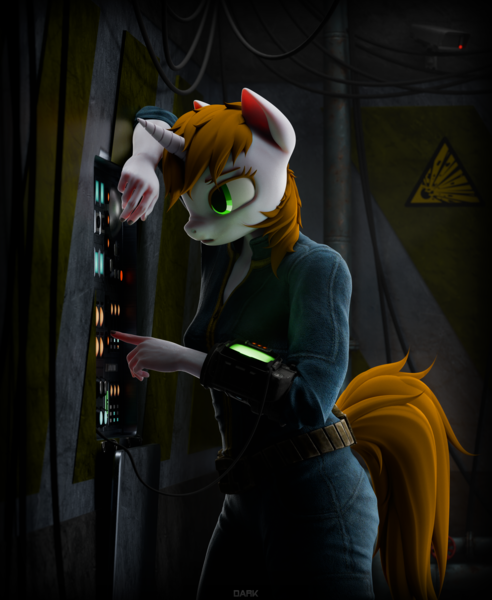 Size: 5000x6095 | Tagged: safe, artist:dark-fic, derpibooru import, oc, oc:littlepip, unofficial characters only, anthro, unicorn, fallout equestria, 3d, blender, blender cycles, brown hair, brown mane, brown tail, clothes, female, green eyes, horn, image, jumpsuit, pipbuck, png, solo, stable (vault), tail, vault suit, wires