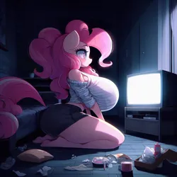 Size: 1024x1024 | Tagged: safe, ai content, derpibooru import, machine learning generated, pinkie pie, anthro, earth pony, adorasexy, big breasts, blushing, breasts, busty pinkie pie, clothes, couch, curvy, cute, dark room, female, frown, g4, hourglass figure, huge breasts, image, impossibly large breasts, large butt, messy, png, prompter:horselover fat, sexy, shirt, shorts, side view, sideboob, sitting, solo, stupid sexy pinkie, television, tv lighting, watching tv, wide hips