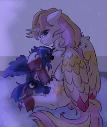 Size: 1600x1900 | Tagged: safe, artist:cluterdrop, derpibooru import, princess celestia, princess luna, alicorn, pony, cloven hooves, comforting, crying, duo, duo female, eyes closed, female, filly, foal, hug, image, jpeg, mare, royal sisters, siblings, sisters, unshorn fetlocks, woona, younger