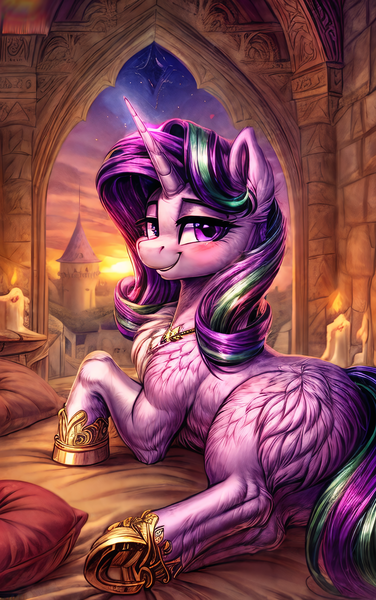 Size: 2688x4288 | Tagged: safe, ai content, derpibooru import, edit, machine learning generated, prompter:mare voyager, stable diffusion, starlight glimmer, pony, unicorn, g4, bed, bedroom eyes, blushing, bust, butt, butt fluff, candle, castle, chest fluff, ear fluff, female, feral, fluffy, generator:easyfluff v11.2, high res, hoof shoes, horn, image, jewelry, looking at you, mare, necklace, png, portrait, romantic, smiling, smiling at you, solo, sunset