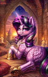 Size: 2688x4288 | Tagged: safe, ai content, anonymous editor, anonymous prompter, derpibooru import, edit, machine learning generated, stable diffusion, starlight glimmer, pony, unicorn, bed, bedroom eyes, blushing, bust, butt, butt fluff, candle, castle, chest fluff, ear fluff, female, feral, fluffy, g4, generator:easyfluff v11.2, high res, hoof shoes, horn, image, jewelry, looking at you, mare, necklace, png, portrait, romantic, smiling, smiling at you, solo, sunset