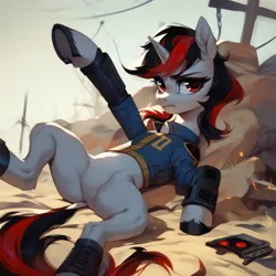 Size: 4096x4096 | Tagged: prompter needed, source needed, safe, ai content, derpibooru import, machine learning generated, stable diffusion, oc, oc:blackjack, fallout equestria, fallout equestria: project horizons, bottomless, clothes, fanfic art, featureless crotch, frown, generator:pony diffusion v6 xl, image, irritated, jumpsuit, lying down, on back, partial nudity, png, pointing, shadow, spread legs, spreading, vault suit, wasteland