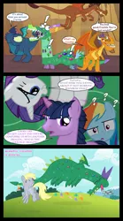 Size: 1280x2300 | Tagged: safe, artist:bigsnusnu, derpibooru import, crackle, derpy hooves, rainbow dash, rarity, twilight sparkle, butterfly, insect, pegasus, pony, unicorn, comic:dusk shine in pursuit of happiness, crackle costume, dialogue, disguise, dragon costume, dusk shine, exclamation point, female, horn, image, male, mare, png, question mark, rule 63, speech bubble, stallion