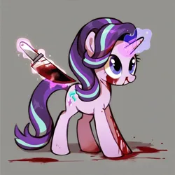 Size: 1024x1024 | Tagged: grimdark, ai content, derpibooru import, machine learning generated, prompter:blue light, stable diffusion, starlight glimmer, unicorn, blood, female, generator:purplesmart.ai, gray background, horn, image, knife, magic, murder, png, simple background, standing