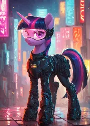 Size: 1000x1400 | Tagged: safe, ai content, derpibooru import, machine learning generated, prompter:star-dragon, stable diffusion, twilight sparkle, pony, unicorn, bust, city, clothes, cyberpunk, generator:pony diffusion v6 xl, horn, image, night, png, police armor, police uniform, portrait, solo, unicorn twilight, visor