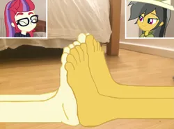 Size: 1083x806 | Tagged: safe, artist:yungstuff, derpibooru import, daring do, moondancer, human, equestria girls, barefoot, base, base used, eyes closed, feet, female, fetish, foot fetish, foot focus, footsie, g4, glasses, happy, image, png, smiling, soles, toes