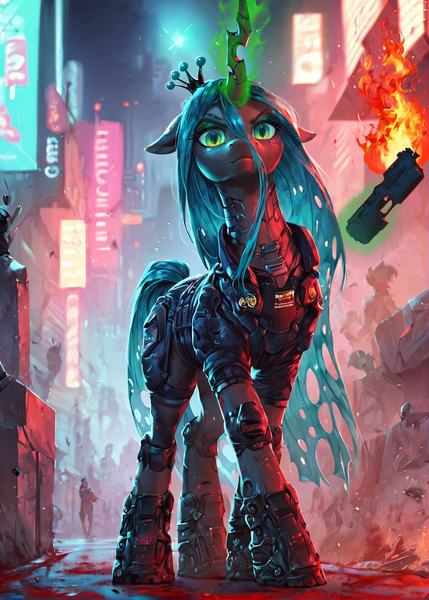 Size: 1000x1400 | Tagged: semi-grimdark, ai content, derpibooru import, machine learning generated, prompter:star-dragon, stable diffusion, queen chrysalis, changeling, changeling queen, blood, bust, city, clothes, cyberpunk, female, fire, generator:pony diffusion v6 xl, gun, image, night, png, police, police armor, police officer, police uniform, portrait, riot, solo, visor, weapon