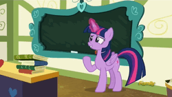 Size: 1280x720 | Tagged: safe, derpibooru import, screencap, cheerilee, twilight sparkle, twilight sparkle (alicorn), alicorn, earth pony, pony, a flurry of emotions, animated, book, chalk, chalkboard, discovery family, discovery family logo, earth pony problems, female, g4, image, logo, mare, mouth hold, webm