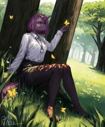 Size: 5000x6000 | Tagged: safe, artist:p i k i n a s 13, derpibooru import, oc, oc:rendy dask, unofficial characters only, anthro, butterfly, insect, unicorn, clothes, feet, forest, grass, horn, image, nature, pantyhose, png, shirt, skirt, sun, tights, tree