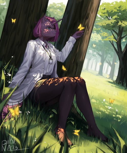 Size: 5000x6000 | Tagged: safe, artist:p i k i n a s 13, derpibooru import, part of a set, oc, oc:rendy dask, unofficial characters only, anthro, butterfly, insect, unicorn, clothes, feet, forest, grass, horn, image, lab coat, nature, pantyhose, png, shirt, skirt, sun, tights, tree