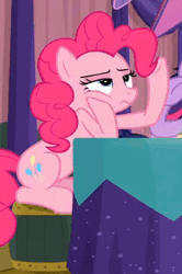 Size: 262x394 | Tagged: safe, derpibooru import, screencap, pinkie pie, twilight sparkle, twilight sparkle (alicorn), alicorn, earth pony, pony, a trivial pursuit, animated, annoyed, eyebrows, female, gif, hoof on cheek, image, mare, offscreen character, raised eyebrow, sitting, solo focus, trivia trot