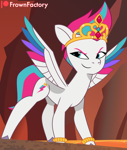 Size: 3000x3552 | Tagged: safe, artist:frownfactory, derpibooru import, zipp storm, pegasus, pony, g5, my little pony: tell your tale, bracelet, crown, cutie mark, female, image, jewelry, lava, lavarynth, mare, png, regalia, smiling, smirk, solo, vector, volcano, wings