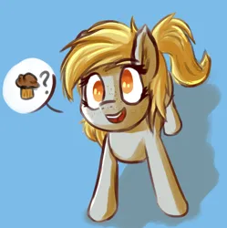 Size: 5366x5381 | Tagged: safe, artist:simplesaemple, derpibooru import, derpy hooves, pegasus, absurd resolution, bronybait, food, image, looking at you, muffin, png, request, simple background, solo, speech bubble