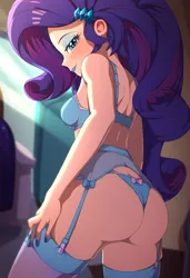 Size: 3328x4864 | Tagged: suggestive, ai content, artist:rockset, derpibooru import, machine learning generated, stable diffusion, rarity, human, equestria girls, ass, blue lipstick, blushing, bow, bra, breasts, butt, clothes, female, g4, garter belt, garter straps, generator:pony diffusion v6 xl, generator:purplesmart.ai, image, lidded eyes, lingerarity, lingerie, lipstick, looking at you, looking back, looking back at you, nail polish, panties, panties over garters, png, prompter:lerkyboy, rearity, sexy, skindentation, smiling, socks, solo, solo female, stockings, stupid sexy rarity, thigh highs, underwear