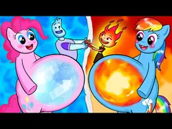 Size: 480x360 | Tagged: safe, derpibooru import, pinkie pie, rainbow dash, earth pony, elemental, pegasus, pony, bipedal, cold, crossover, duo, elsagate, ember lumen, female, fire, happy, hot, ice, image, jpeg, male, mare, pixar, pixar elemental, pregnant, smiling, two sides, wade, youtube thumbnail, youtube video