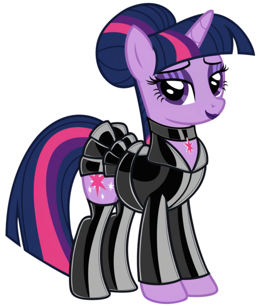 Size: 1020x1200 | Tagged: safe, ai content, anonymous prompter, edit, machine learning generated, stable diffusion, twibooru exclusive, twilight sparkle, pony, unicorn, alternate hairstyle, blazer, choker, clothes, cutie mark accessory, eyeshadow, female, generator:pony diffusion v6 xl, hair bun, horn, image, jacket, jewelry, latex, latex jacket, latex skirt, latex stockings, lidded eyes, lipstick, looking at you, makeup, mare, outfit, pendant, pleated skirt, png, purple eyeshadow, purple lipstick, show accurate, simple background, skirt, smiling, smiling at you, solo, standing, stockings, thigh highs, transparent background, unicorn twilight, vector