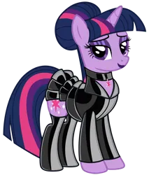 Size: 1020x1200 | Tagged: safe, ai content, anonymous prompter, edit, machine learning generated, stable diffusion, twibooru exclusive, twilight sparkle, pony, unicorn, alternate hairstyle, blazer, choker, clothes, cutie mark accessory, eyeshadow, female, generator:pony diffusion v6 xl, hair bun, horn, image, jacket, jewelry, latex, latex jacket, latex skirt, latex stockings, lidded eyes, lipstick, looking at you, makeup, mare, outfit, pendant, pleated skirt, png, purple eyeshadow, purple lipstick, show accurate, simple background, skirt, smiling, smiling at you, solo, standing, stockings, thigh highs, transparent background, unicorn twilight, vector