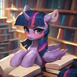 Size: 4096x4096 | Tagged: safe, ai content, derpibooru import, machine learning generated, prompter:sipuxa, stable diffusion, twilight sparkle, twilight sparkle (alicorn), alicorn, pony, blushing, book, bookhorse, ear fluff, g4, generator:pony diffusion v6 xl, generator:purplesmart.ai, image, jpeg, library, solo