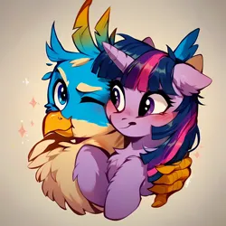 Size: 4096x4096 | Tagged: safe, ai content, derpibooru import, machine learning generated, prompter:sipuxa, stable diffusion, gallus, twilight sparkle, gryphon, pony, abstract background, blushing, chest fluff, duo, generator:pony diffusion v6 xl, generator:purplesmart.ai, image, jpeg, one eye closed, simple background