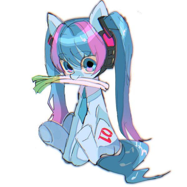 Size: 1331x1331 | Tagged: safe, artist:m09160, derpibooru import, ponified, earth pony, pony, robot, anime, clothes, eye clipping through hair, eyebrows, eyebrows visible through hair, female, hatsune miku, image, jpeg, leek, looking at you, mare, mouth hold, necktie, sitting, solo, vocaloid