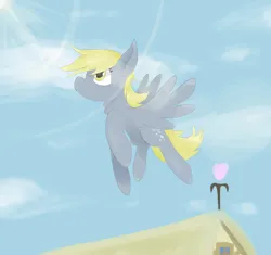 Size: 3388x3184 | Tagged: safe, artist:tkshoelace, derpibooru import, derpy hooves, pegasus, pony, cloud, flying, house, image, lens flare, png, solo