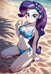 Size: 3328x4864 | Tagged: suggestive, ai content, derpibooru import, machine learning generated, prompter:bartp98, stable diffusion, rarity, equestria girls, beach, big breasts, bikini, breasts, busty rarity, cleavage, clothes, eyelashes, eyeshadow, g4, generator:pony diffusion v6 xl, image, jpeg, kneeling, looking at you, makeup, sexy, smiling, smiling at you, swimsuit