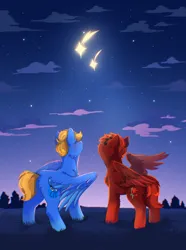 Size: 1396x1873 | Tagged: safe, artist:twinkesss, derpibooru import, oc, oc:rio tunehoof, oc:zom rosefall, pegasus, pony, background, butt, duo, image, plot, png, stars