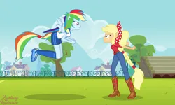 Size: 3000x1800 | Tagged: safe, artist:lightning_musicwave_safe, derpibooru import, applejack, rainbow dash, human, equestria girls, clothes, duo, duo female, female, females only, g4, image, magical geodes, png, ponied up, soccer field, soccer shoes, soccer uniform, tomboy, watermark