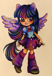 Size: 2244x3276 | Tagged: safe, artist:dariarchangel, derpibooru import, twilight sparkle, human, equestria girls, bow, clothes, female, g4, humanized, image, jpeg, leg warmers, simple background, skirt, smiling, solo, traditional art, winged humanization, wings