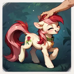 Size: 1024x1024 | Tagged: safe, ai content, derpibooru import, machine learning generated, prompter:doom9454, stable diffusion, roseluck, human, pony, behaving like a cat, collar, cute, eyes closed, fluffy, generator:pony diffusion v6 xl, hand, image, offscreen character, offscreen human, pet tag, petting, png, pony pet, rosepet, standing