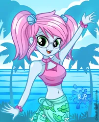 Size: 2015x2490 | Tagged: safe, artist:rjp.rammy, derpibooru import, oc, oc:stardust, human, equestria girls, armpits, arms in the air, background human, beach, beach babe, belly button, bestie, blue body, blue skin, bracelet, breasts, clothes, female, g4, glasses, green eyes, hands in the air, happy, human coloration, image, interspecies, jewelry, looking at you, png, raised arm, sarong, sexy, smiling, smiling at you, solo, solo female, teenage girls, teenager