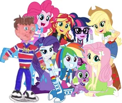 Size: 4471x3758 | Tagged: safe, artist:sketchmcreations, derpibooru import, edit, vector edit, applejack, fluttershy, lightning bolt, pinkie pie, rainbow dash, rarity, sci-twi, spike, spike the regular dog, sunset shimmer, twilight sparkle, white lightning, butterfly, dog, human, insect, equestria girls, friendship games, absurd resolution, apple, balloon, bangs, belt, boots, bracelet, choker, chris chan, clothes, cloud, collar, collar shirt, cowboy boots, cowboy hat, curly hair, cutie mark, cutie mark on clothes, cycling shorts, denim, denim skirt, diamonds, dog collar, dress, eyeshadow, fangs, female, food, g4, glasses, group photo, group shot, hair bun, hair up, hairclip, happy, hat, heart, heterochromia, high heel boots, humane five, humane seven, humane six, image, jacket, jeans, jewelry, knee high socks, knee-high boots, lace, lightning, long sleeves, looking at you, makeup, male, medallion, necklace, necktie, pants, png, polka dots, rainbow, right there in front of me, rolled up sleeves, school tie, school uniform, schoolgirl, shirt, shoes, short sleeves, shorts, shorts under skirt, simple background, sitting, skirt, sleeveless, smiling, sneakers, socks, sonichu, spiked choker, standing, straight hair, striped sweater, sweater, tanktop, teeth, vector, vest, white background