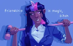 Size: 1865x1179 | Tagged: safe, artist:irisikiki, derpibooru import, twilight sparkle, human, blackwashing, blue background, clothes, cosplay, costume, crossover, dark skin, elf ears, female, gritted teeth, heathers, horn, horned humanization, humanized, image, looking at you, mallet, nail polish, png, shirt, simple background, solo, suit, teeth, ugly, vulgar
