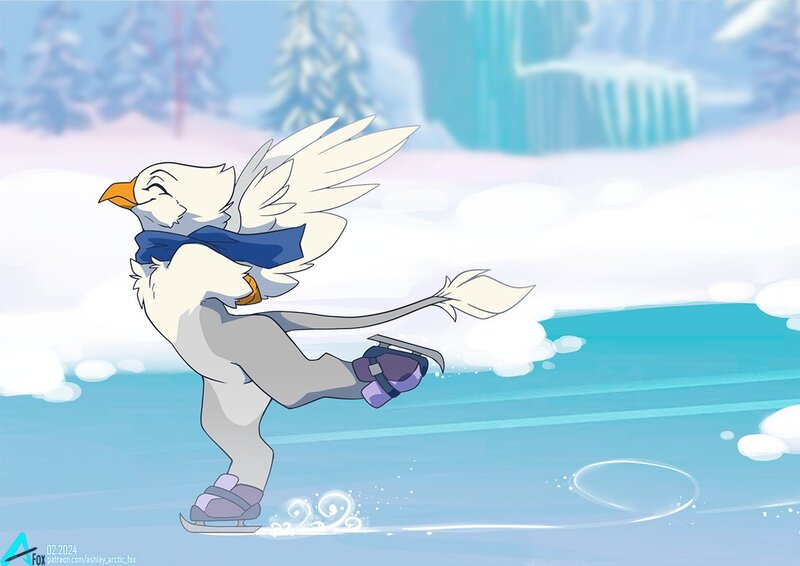 Size: 1100x778 | Tagged: safe, artist:arctic-fox, derpibooru import, oc, oc:der, unofficial characters only, gryphon, griffon oc, ice, ice skates, ice skating, image, jpeg, skates, snow, solo