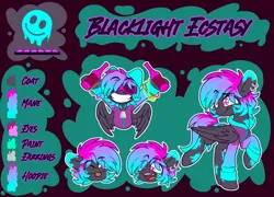 Size: 1118x806 | Tagged: safe, artist:nekro-led, derpibooru import, oc, oc:blacklight ecstasy, unofficial characters only, pegasus, alcohol, clothes, colorful, drink, drugs, dyed mane, dyed tail, glowstick, hoodie, image, lsd, neon, paint, png, rave, reference sheet, tail