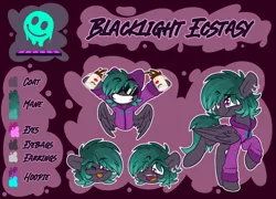 Size: 6375x4602 | Tagged: safe, artist:nekro-led, derpibooru import, oc, oc:blacklight ecstasy, unofficial characters only, pegasus, clothes, coffee, hoodie, image, mug, piercing, png, reference sheet, sober