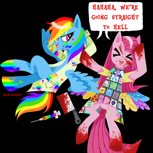 Size: 2000x2000 | Tagged: semi-grimdark, artist:redactedhaunt, derpibooru import, pinkie pie, rainbow dash, earth pony, pegasus, pony, fanfic:cupcakes, fanfic:rainbow factory, alternate universe, blood, cleaver, creepypasta, crossover, duo, fanfic art, image, non canon, pinkamena diane pie, png, rainbow factory dash, syringe