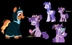 Size: 1286x804 | Tagged: safe, artist:partyponypower, derpibooru import, bumblesweet, firelight, starlight glimmer, oc, earth pony, pegasus, pony, unicorn, alternate hairstyle, alternate universe, black background, female, filly, filly starlight glimmer, flower, g4, horn, image, jpeg, nun, pegasus oc, simple background, wings, younger