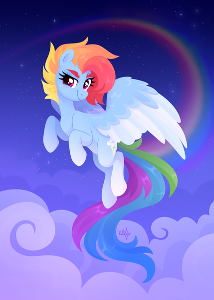 Size: 2500x3500 | Tagged: safe, artist:kabuvee, derpibooru import, rainbow dash, pony, cloud, colored wings, flying, image, night, png, rainbow trail, solo, two toned wings, wings