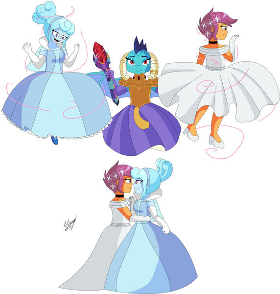 Size: 1280x1343 | Tagged: safe, artist:denisseguadiana, derpibooru import, princess ember, scootaloo, oc, oc:jemimasparkle, dragon, human, equestria girls, alternate hairstyle, canon x oc, cinderella, clothes, dress, female, g4, glass slipper (footwear), gown, image, jpeg, lesbian, looking at each other, looking at someone, magic, open mouth, open smile, poofy shoulders, smiling, smiling at each other, trio