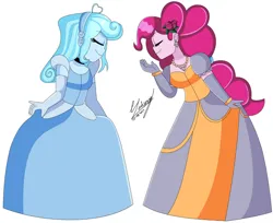 Size: 1280x1042 | Tagged: safe, artist:denisseguadiana, derpibooru import, pinkie pie, oc, oc:jemimasparkle, human, equestria girls, canon x oc, cinderella, clothes, curtsey, dress, duo, ear piercing, earring, evening gloves, eyes closed, female, flower, flower in hair, g4, gloves, gown, image, jetlag productions, jewelry, jpeg, lesbian, long gloves, necklace, piercing, smiling