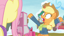 Size: 1920x1080 | Tagged: safe, derpibooru import, edit, edited screencap, editor:666, screencap, sound edit, applejack, fluttershy, holly the hearths warmer doll, earth pony, pegasus, best gift ever, animated, clothes, female, g4, i love being an expensive toy, image, meme, snow, sweater, webm, winter outfit