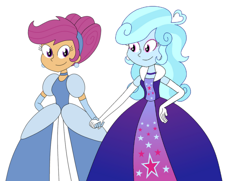 Size: 1024x819 | Tagged: safe, artist:rarity525, derpibooru import, scootaloo, oc, oc:jemimasparkle, human, equestria girls, alternate hairstyle, canon x oc, clothes, dress, duo, evening gloves, eyeshadow, female, g4, gloves, gown, hair bun, hairband, holding hands, image, lesbian, long gloves, looking at each other, looking at someone, makeup, png, poofy shoulders, smiling, smiling at each other