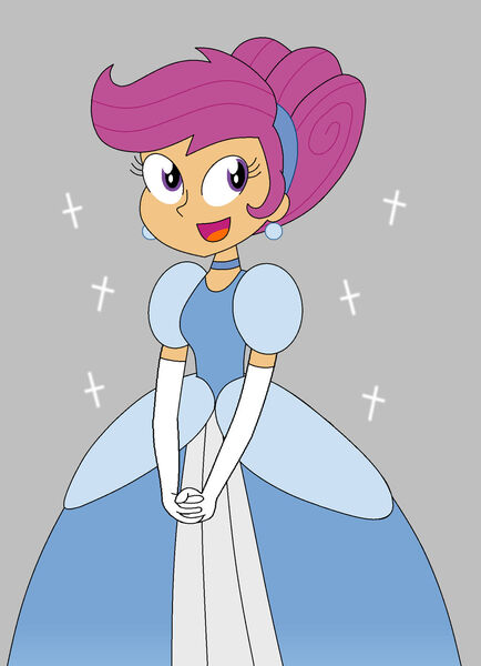 Size: 1024x1417 | Tagged: safe, artist:rarity525, derpibooru import, scootaloo, human, equestria girls, alternate hairstyle, cinderella, clothes, cute, cutealoo, dress, evening gloves, female, g4, gloves, gown, hair bun, hairband, hands together, image, jpeg, long gloves, open mouth, open smile, poofy shoulders, smiling, solo, solo female, sparkles