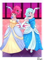 Size: 2598x3583 | Tagged: safe, artist:film77asq, derpibooru import, pinkie pie, oc, human, equestria girls, alternate hairstyle, ballroom, breasts, busty pinkie pie, canon x oc, cinderella, clothes, dress, duo, ear piercing, earring, evening gloves, female, flower, flower in hair, g4, gloves, gown, grin, holding hands, image, jetlag productions, jewelry, lesbian, long gloves, necklace, pearl necklace, piercing, png, poofy shoulders, smiling
