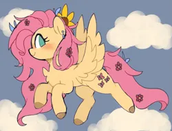 Size: 1995x1526 | Tagged: safe, artist:sakukitty, derpibooru import, fluttershy, pegasus, pony, blushing, cloud, ear piercing, earring, female, flower, flower in hair, flying, g4, image, jewelry, mare, no pupils, piercing, png, sky, smiling, solo, spread wings, sunflower, wings