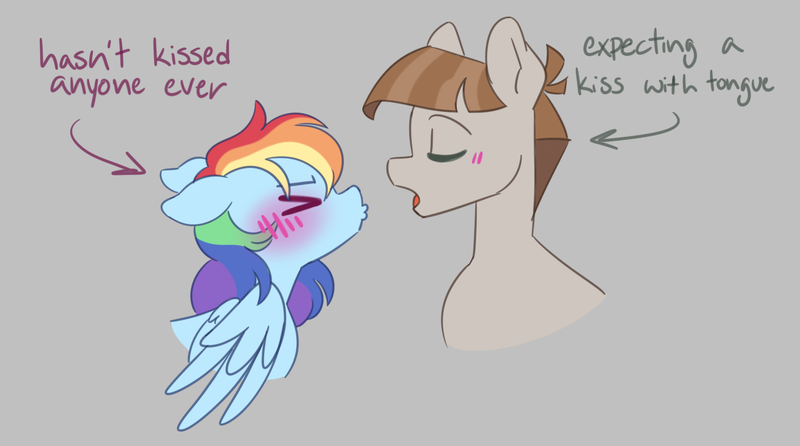 Size: 1565x872 | Tagged: safe, artist:glowfangs, derpibooru import, mudbriar, rainbow dash, earth pony, pegasus, pony, blushing, gray background, image, imminent kissing, png, ship:dashbriar, shipping, simple background