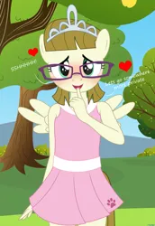Size: 1920x2796 | Tagged: suggestive, artist:tolpain, banned from derpibooru, ponerpics import, ponybooru import, zippoorwhill, anthro, pony, blushing, clothes, dialogue, dress, female, foal, garden, glasses, image, jewelry, lolicon, looking at you, outdoors, png, spread wings, sundress, tiara, underage, wingboner, wings