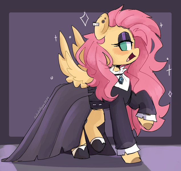 Size: 2902x2740 | Tagged: safe, artist:sakukitty, derpibooru import, fluttershy, pegasus, pony, blushing, clothes, dress, ear piercing, earring, eyeliner, eyeshadow, female, fluttergoth, g4, goth, high res, image, jewelry, lidded eyes, looking at you, makeup, mare, necklace, no pupils, open mouth, open smile, piercing, png, raised hoof, smiling, smiling at you, solo, sparkles, spread wings, wings